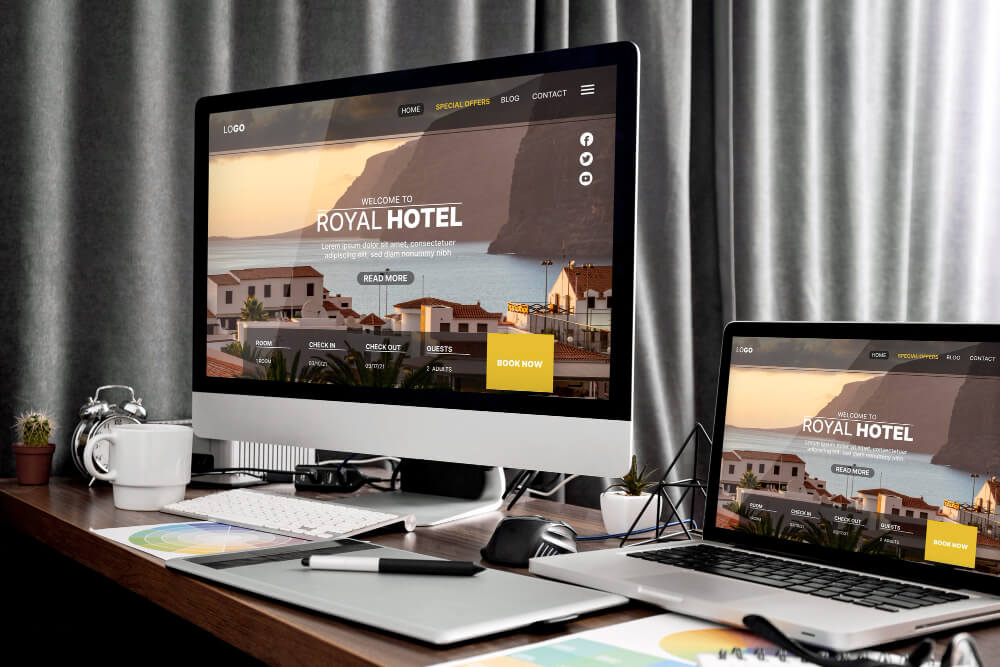 Desktop e laptop exibindo o design do site de um hotel com layout moderno, destacando opções de reserva e uma imagem de paisagem ao fundo